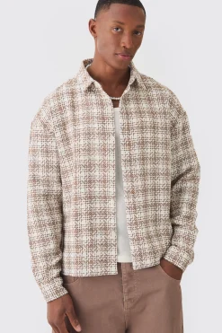 Oversized Boucle Check Long Sleeve Overshirt | BoohooMAN UK