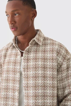 Oversized Boucle Check Long Sleeve Overshirt | BoohooMAN UK