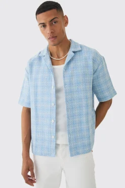 Oversized Boucle Check Short Sleeve Revere Shirt | BoohooMAN UK