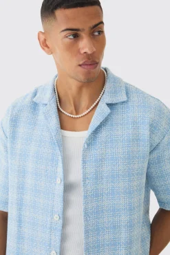 Oversized Boucle Check Short Sleeve Revere Shirt | BoohooMAN UK