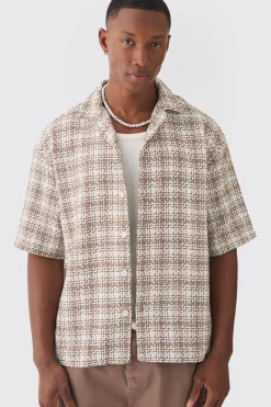 Oversized Boucle Check Short Sleeve Revere Shirt | BoohooMAN UK