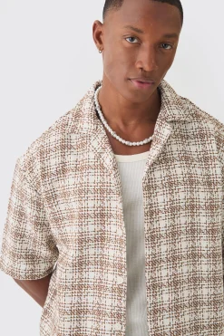 Oversized Boucle Check Short Sleeve Revere Shirt | BoohooMAN UK
