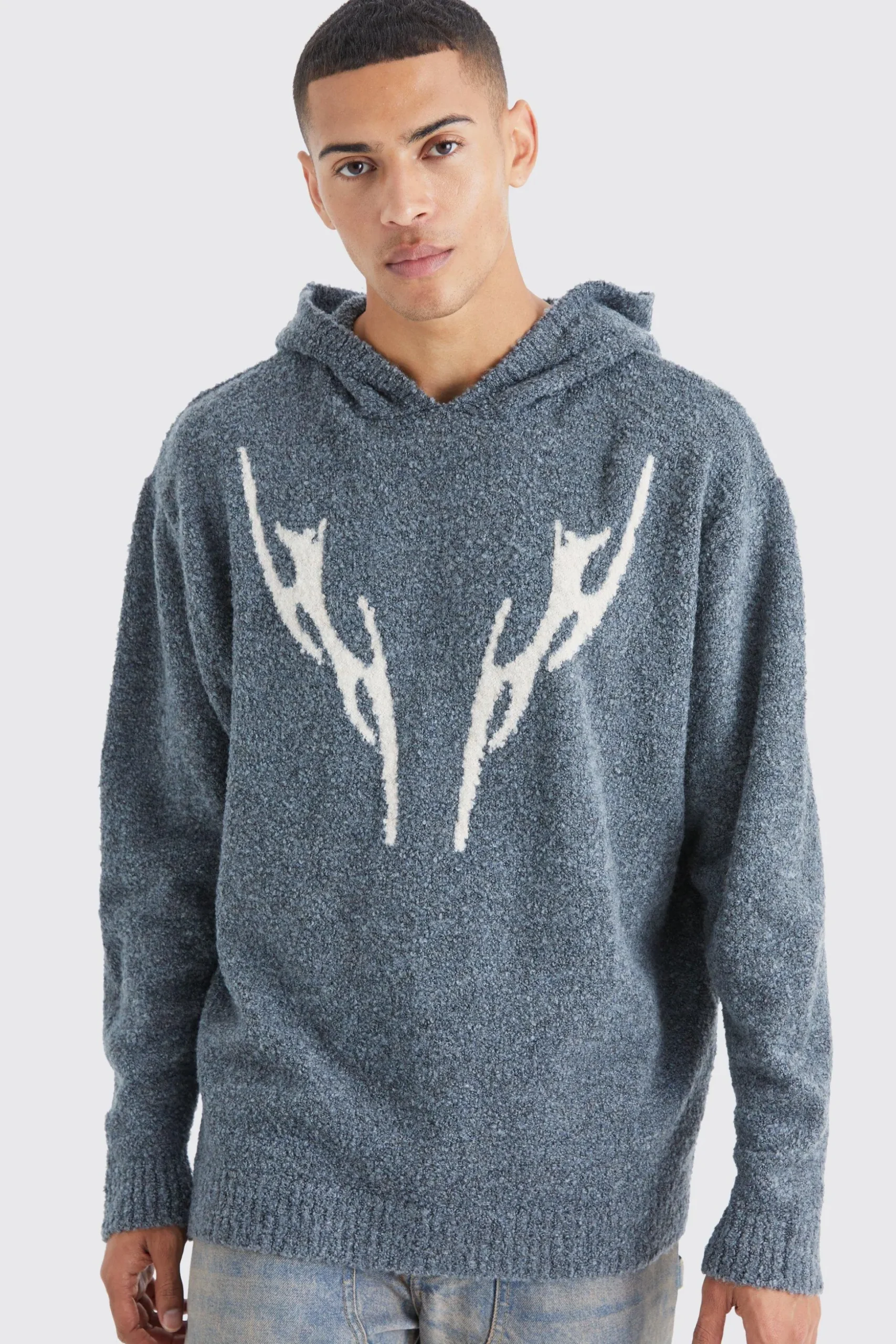 Oversized Boucle Knitted Hoodie | BoohooMAN UK