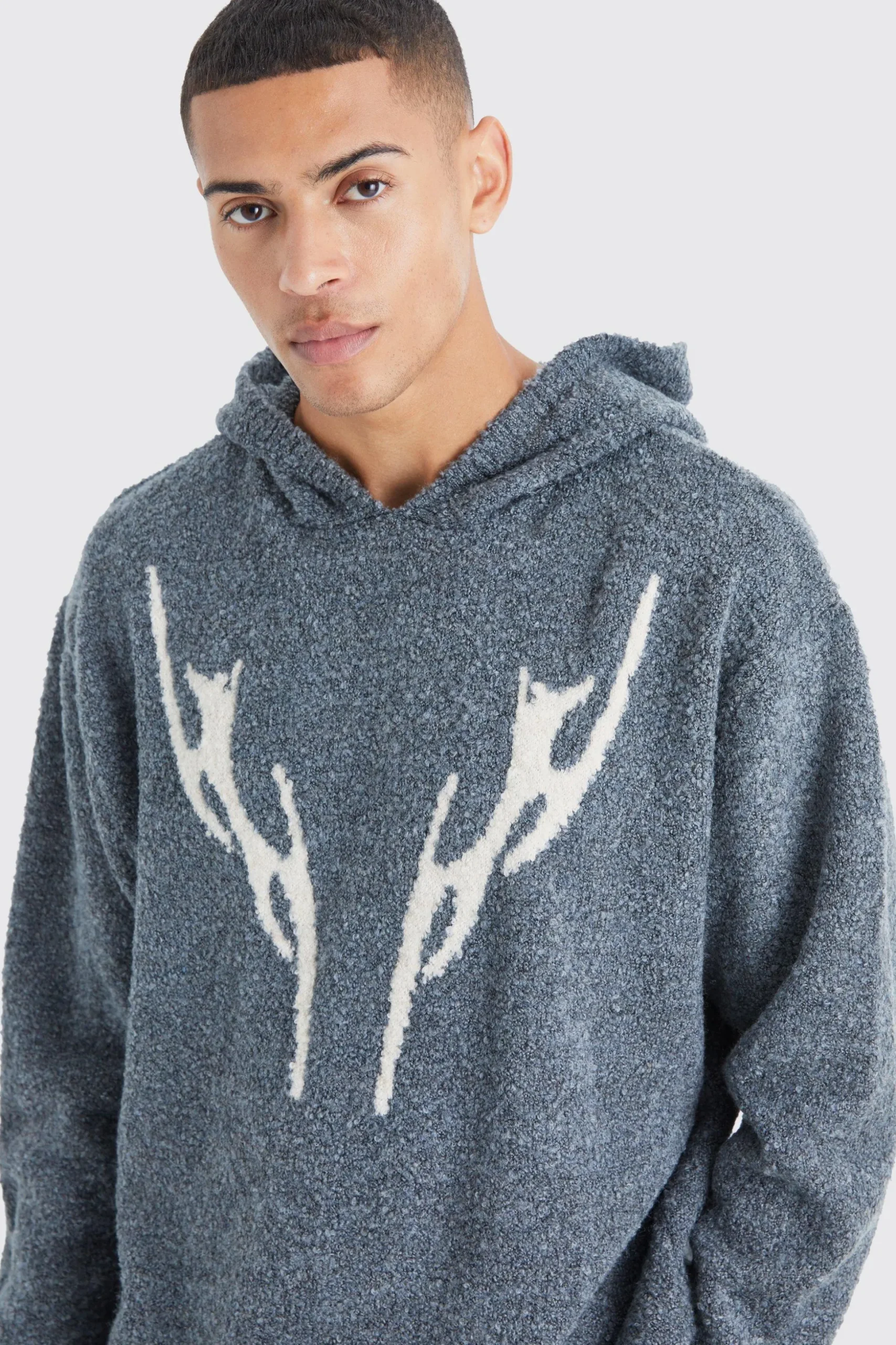 Oversized Boucle Knitted Hoodie | BoohooMAN UK