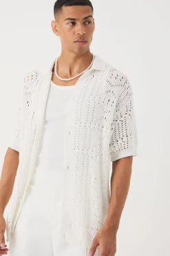 Oversized Boucle Textured Open Knit Shirt | BoohooMAN UK