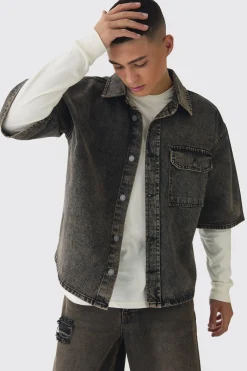 Oversized Boxy 3/4 Sleeve Denim Overshirt | BoohooMAN UK