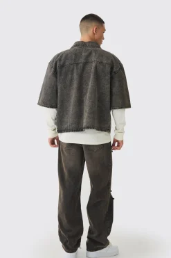 Oversized Boxy 3/4 Sleeve Denim Overshirt | BoohooMAN UK