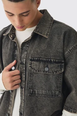 Oversized Boxy 3/4 Sleeve Denim Overshirt | BoohooMAN UK