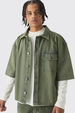 Oversized Boxy 3/4 Sleeve Denim Overshirt | BoohooMAN UK