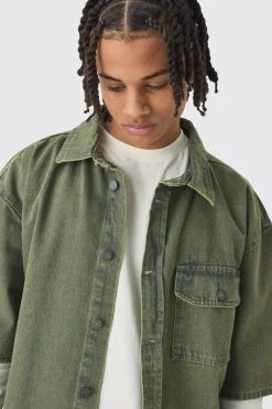 Oversized Boxy 3/4 Sleeve Denim Overshirt | BoohooMAN UK