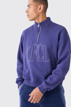 Oversized Boxy 1/4 Zip Chain Stitch Offcl Embroidered Hoodie | BoohooMAN UK