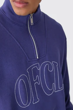 Oversized Boxy 1/4 Zip Chain Stitch Offcl Embroidered Hoodie | BoohooMAN UK