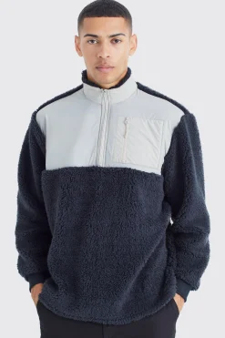 Oversized Boxy 1/4 Zip Nylon Panel Borg Sweatshirt | BoohooMAN UK