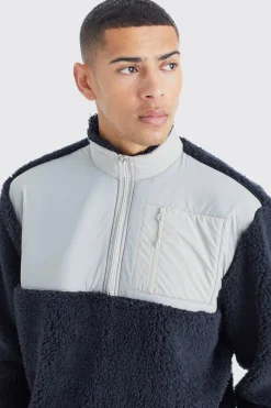 Oversized Boxy 1/4 Zip Nylon Panel Borg Sweatshirt | BoohooMAN UK
