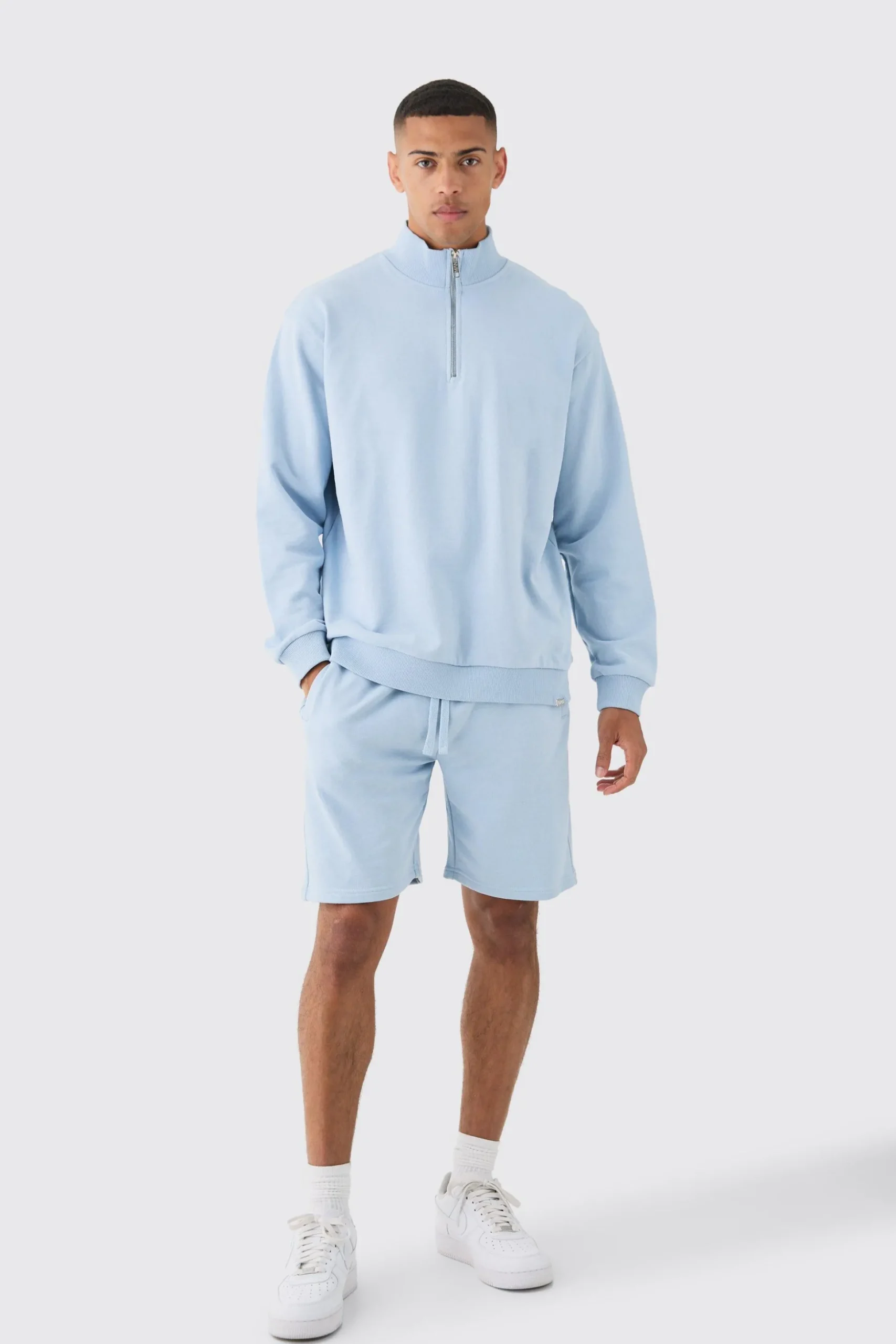 Oversized Boxy 1/4 Zip Sweatshirt Loopback Short Tracksuit | BoohooMAN UK
