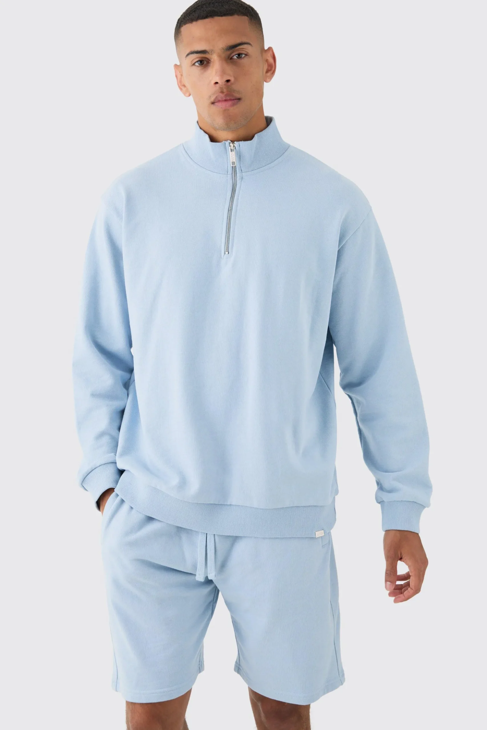 Oversized Boxy 1/4 Zip Sweatshirt Loopback Short Tracksuit | BoohooMAN UK