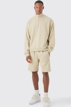 Oversized Boxy 1/4 Zip Sweatshirt Loopback Short Tracksuit | BoohooMAN UK