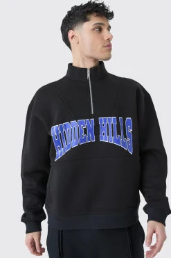 Oversized Boxy 1/4 Zip Varsity Sweatshirt | BoohooMAN UK