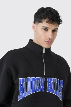 Oversized Boxy 1/4 Zip Varsity Sweatshirt | BoohooMAN UK