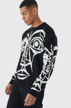 Oversized Boxy Abstract Line Face Knitted Jumper | BoohooMAN UK