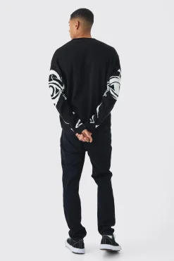 Oversized Boxy Abstract Line Face Knitted Jumper | BoohooMAN UK