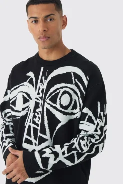Oversized Boxy Abstract Line Face Knitted Jumper | BoohooMAN UK