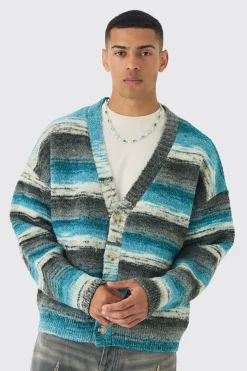 Oversized Boxy Abstract Stripe Knitted Cardigan | BoohooMAN UK