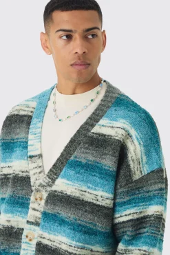 Oversized Boxy Abstract Stripe Knitted Cardigan | BoohooMAN UK