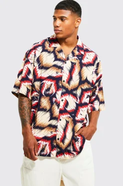 Oversized Boxy Abstract Viscose Revere Shirt | BoohooMAN UK
