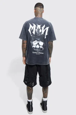 Oversized Boxy Acid Wash Skull T-shirt | BoohooMAN UK