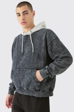 Oversized Boxy Acid Wash Hoodie With Contrast Hood | BoohooMAN UK