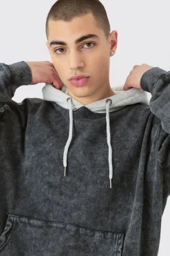 Oversized Boxy Acid Wash Hoodie With Contrast Hood | BoohooMAN UK