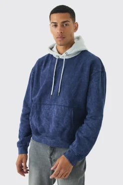 Oversized Boxy Acid Wash Hoodie With Contrast Hood | BoohooMAN UK