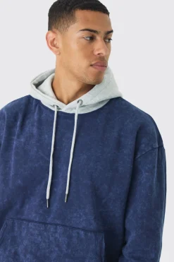 Oversized Boxy Acid Wash Hoodie With Contrast Hood | BoohooMAN UK
