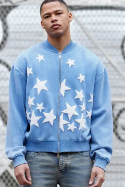 Oversized Boxy Acid Wash Star Applique Jersey Bomber Jacket | BoohooMAN UK
