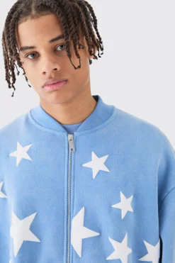 Oversized Boxy Acid Wash Star Applique Jersey Bomber Jacket | BoohooMAN UK