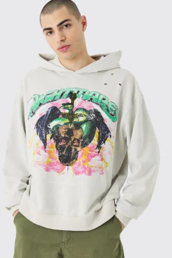 Oversized Boxy Acid Wash Rhinestone Loopback Hoodie | BoohooMAN UK