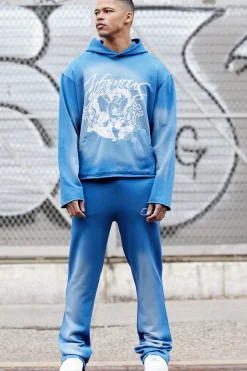 Oversized Boxy Acid Wash Graphic Raw Hem Tracksuit | BoohooMAN UK