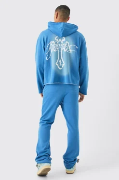 Oversized Boxy Acid Wash Graphic Raw Hem Tracksuit | BoohooMAN UK