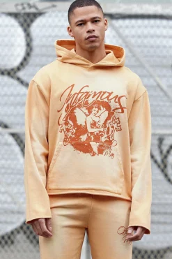Oversized Boxy Acid Wash Graphic Raw Hem Hoodie | BoohooMAN UK