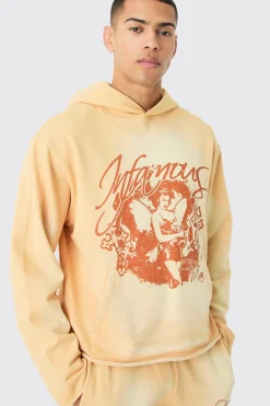 Oversized Boxy Acid Wash Graphic Raw Hem Hoodie | BoohooMAN UK