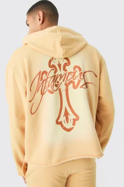 Oversized Boxy Acid Wash Graphic Raw Hem Hoodie | BoohooMAN UK