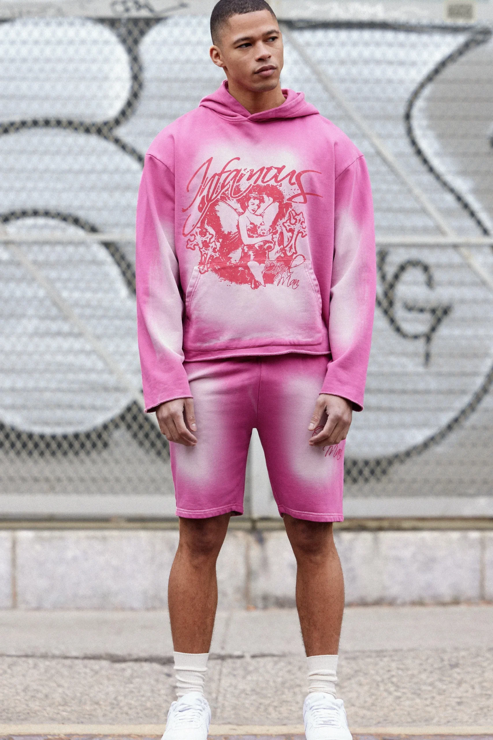 Oversized Boxy Acid Wash Graphic Raw Hem Short Tracksuit | BoohooMAN UK