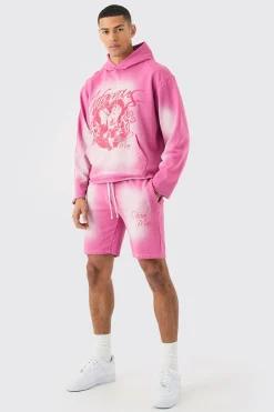 Oversized Boxy Acid Wash Graphic Raw Hem Short Tracksuit | BoohooMAN UK