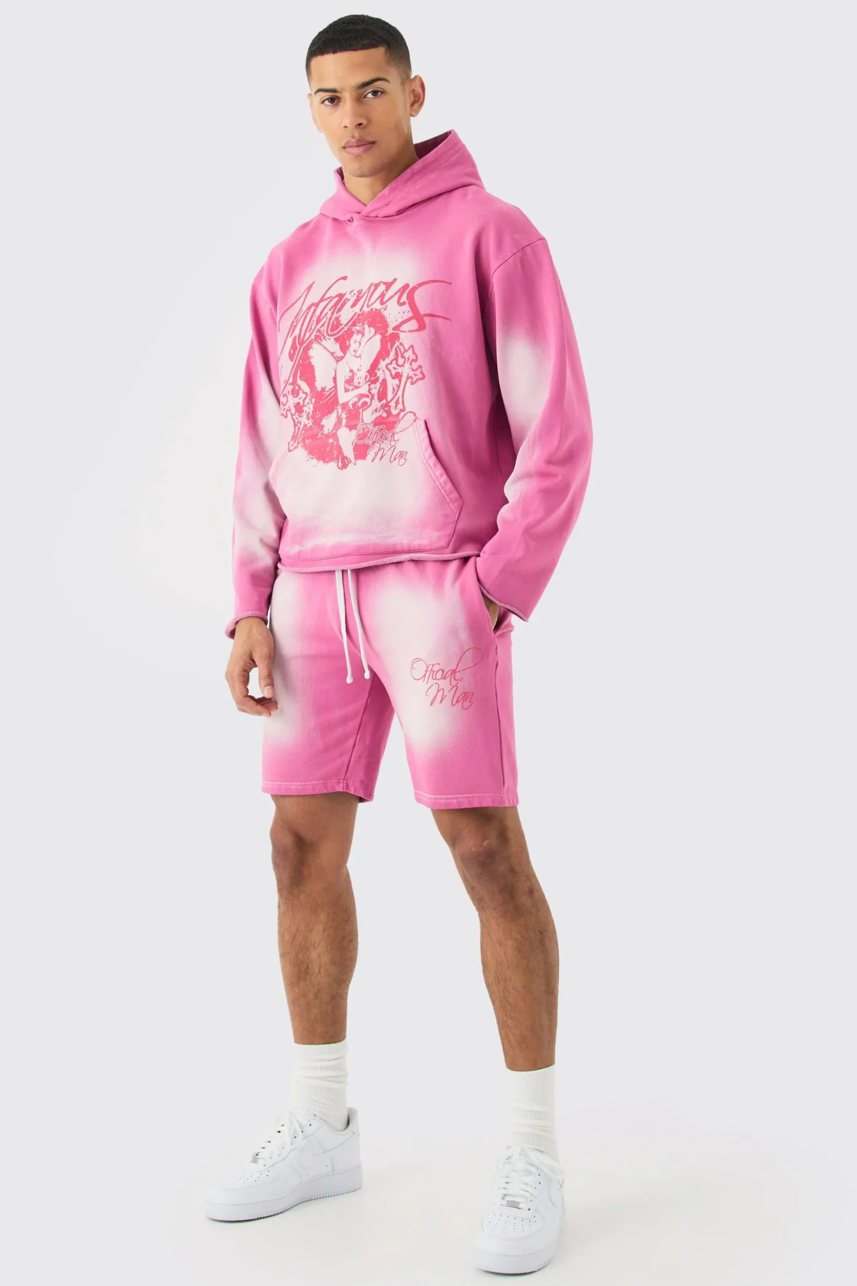 Oversized Boxy Acid Wash Graphic Raw Hem Short Tracksuit | BoohooMAN UK