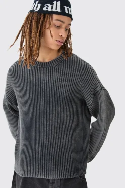 Oversized Boxy Acid Wash Jumper In Charcoal | BoohooMAN UK