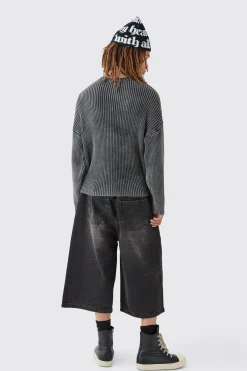 Oversized Boxy Acid Wash Jumper In Charcoal | BoohooMAN UK