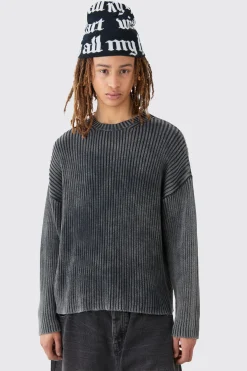 Oversized Boxy Acid Wash Jumper In Charcoal | BoohooMAN UK