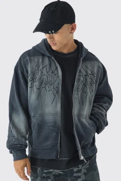Oversized Boxy Acid Wash Studded Applique Hoodie | BoohooMAN UK