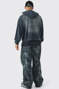 Oversized Boxy Acid Wash Studded Applique Hoodie | BoohooMAN UK